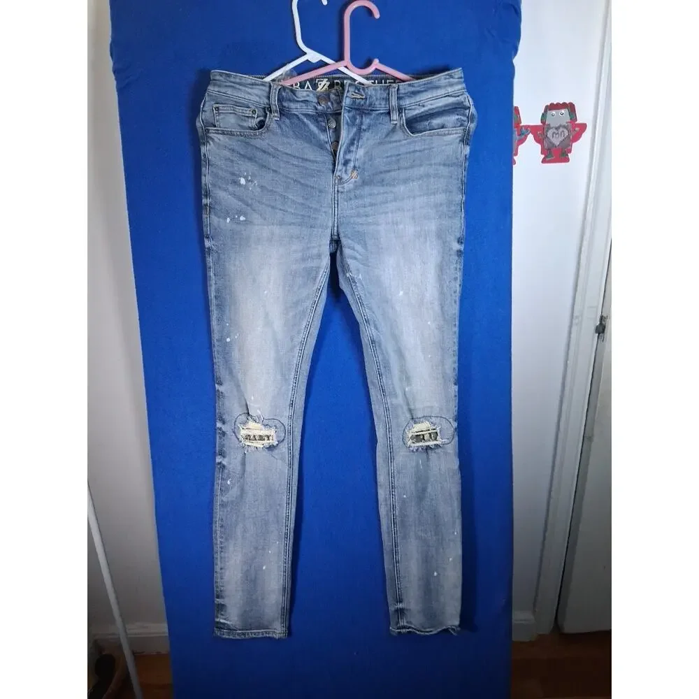 Shabaz Brothers Mens Skinny Jeans 34 Distressed Ripped Paint Splatter Blue Denim